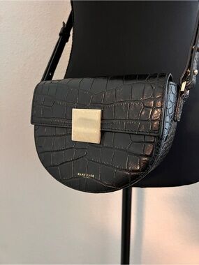 DeMellier Oslo Black Croc-Embossed Saddle Crossbody with Gold Clasp